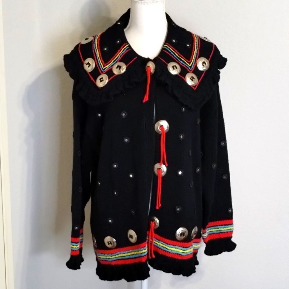Martha Abraham Cardigan Knit Sweater Embroidered Large Collar